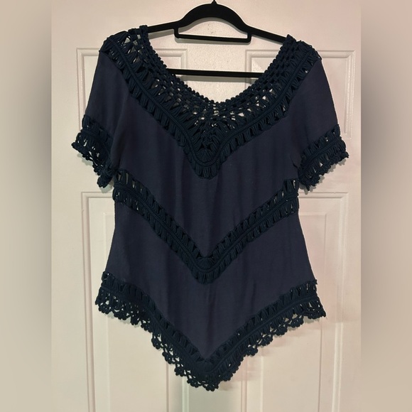 JODIFL Crochet Lace Blue Boho Tunic Top‎ Cover Up Kimono Women’s Small - Picture 8 of 10